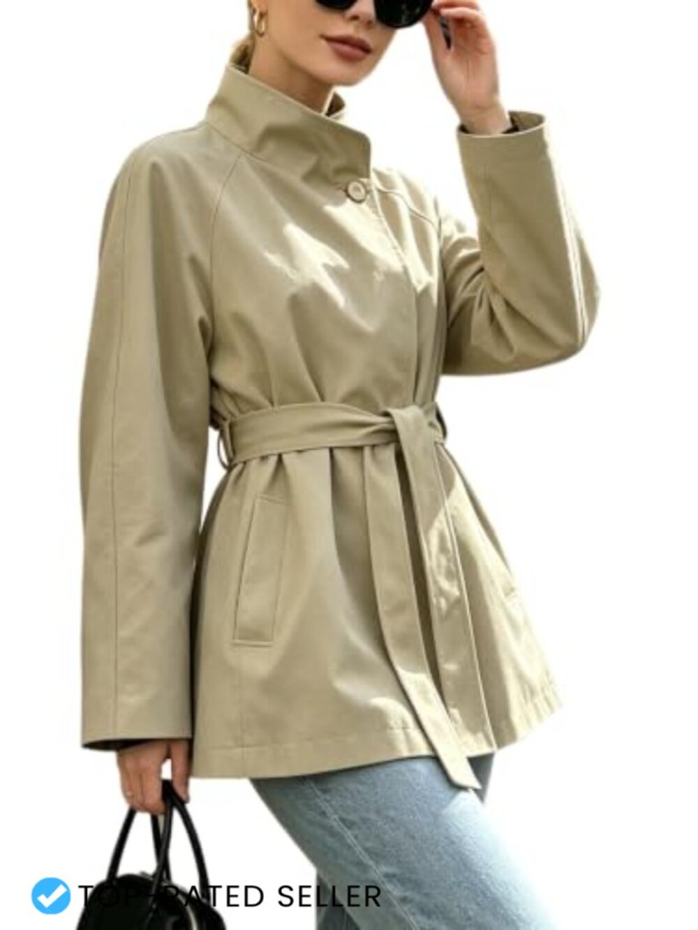 Womens Belted Trench Coat Open Front Stand Collar Button Windproof Overcoat